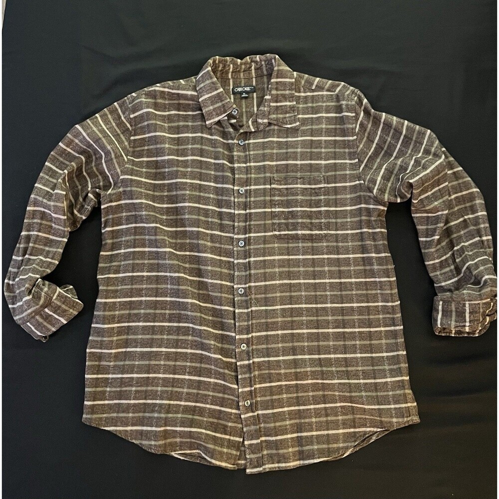 Cherokee Men's XL Brown White Striped Long Sleeve Button-Up Shirt Pockets